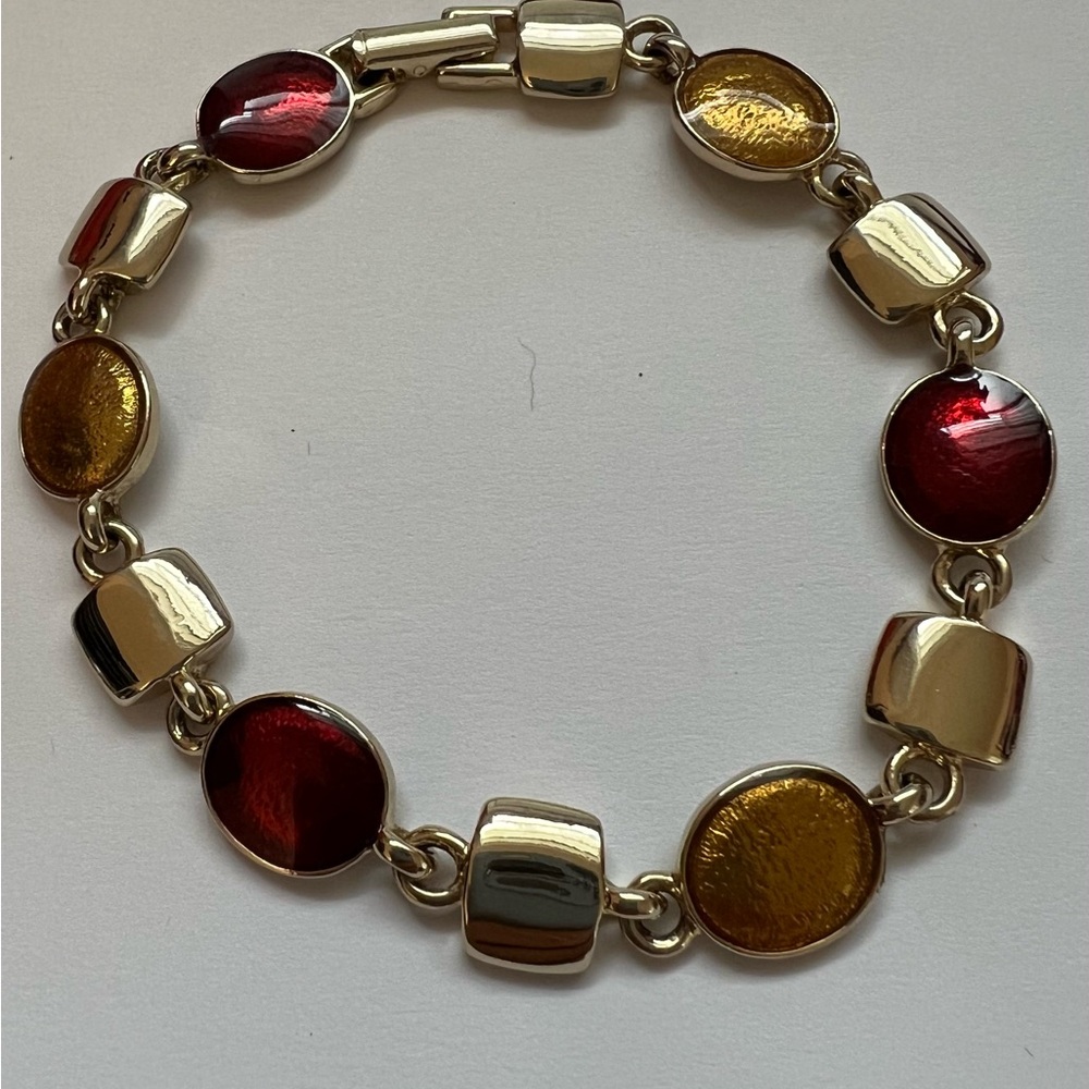 Gold Tone Faux Red & Amber Stones Bracelet